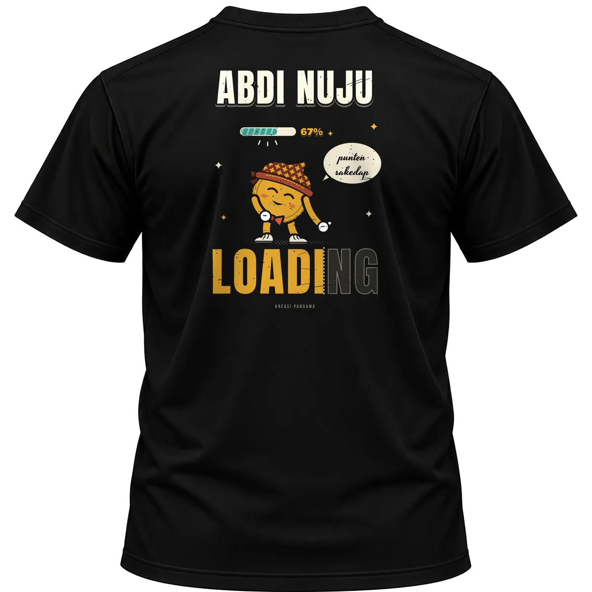 Mockup kaos hitam Kreasi Pandawa tampak belakang, sablon punggung: Abdi nuju loading, punten sakedap