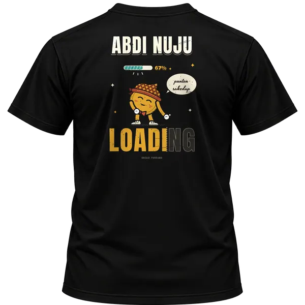 Mockup kaos hitam Kreasi Pandawa tampak belakang, sablon punggung: Abdi nuju loading, punten sakedap
