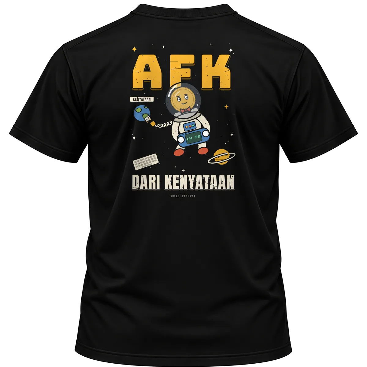 Mockup kaos hitam Kreasi Pandawa tampak belakang, sablon punggung: AFK dari kenyataan