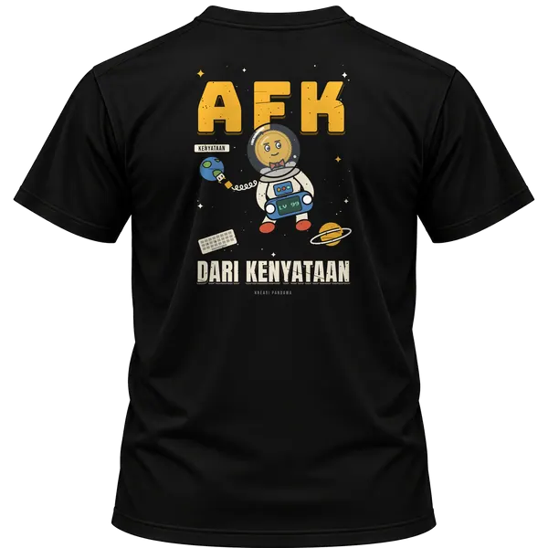 Mockup kaos hitam Kreasi Pandawa tampak belakang, sablon punggung: AFK dari kenyataan
