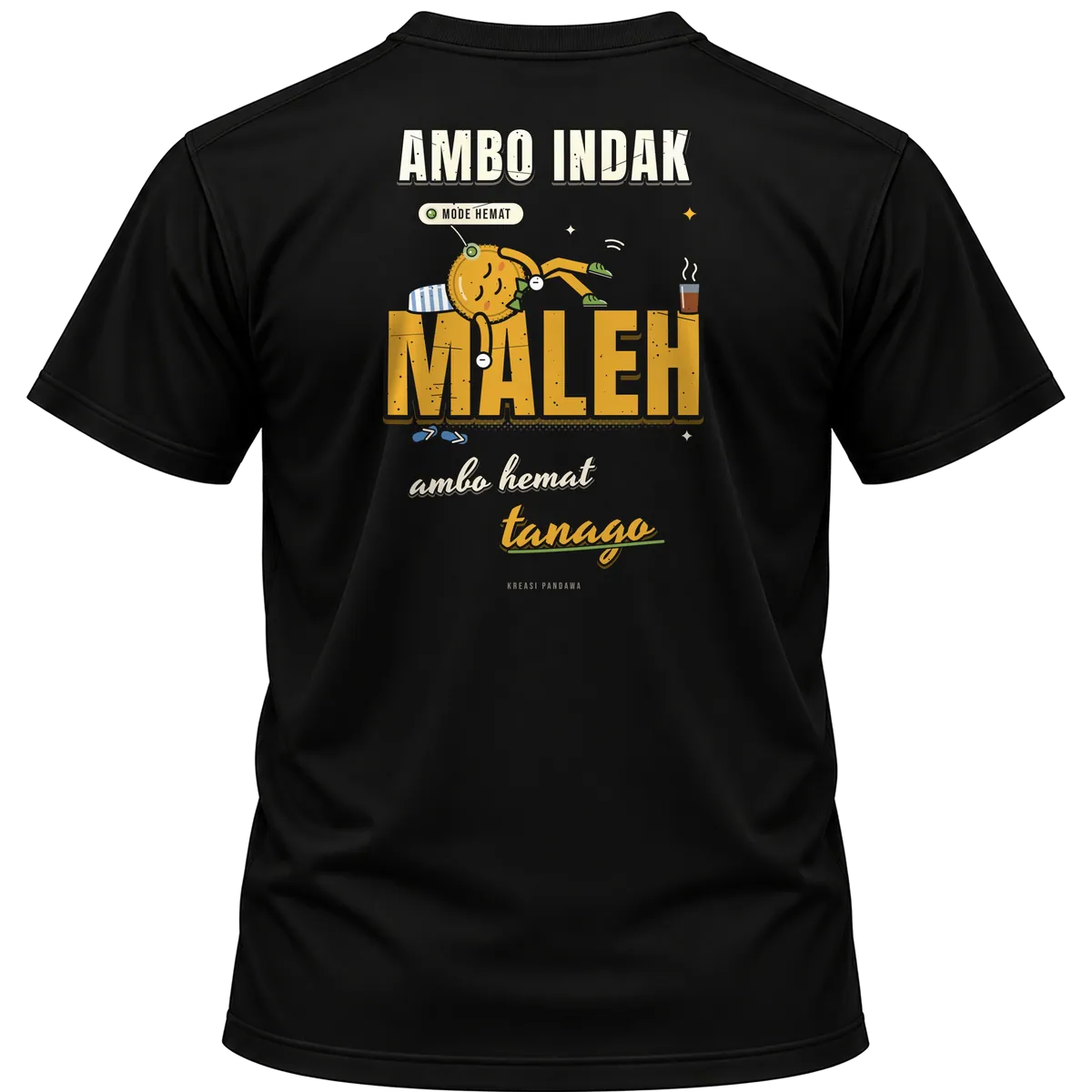 Mockup kaos hitam Kreasi Pandawa tampak belakang, sablon punggung: Ambo indak maleh, ambo hemat tanago