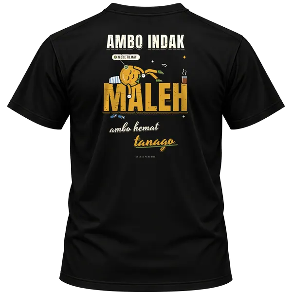 Mockup kaos hitam Kreasi Pandawa tampak belakang, sablon punggung: Ambo indak maleh, ambo hemat tanago
