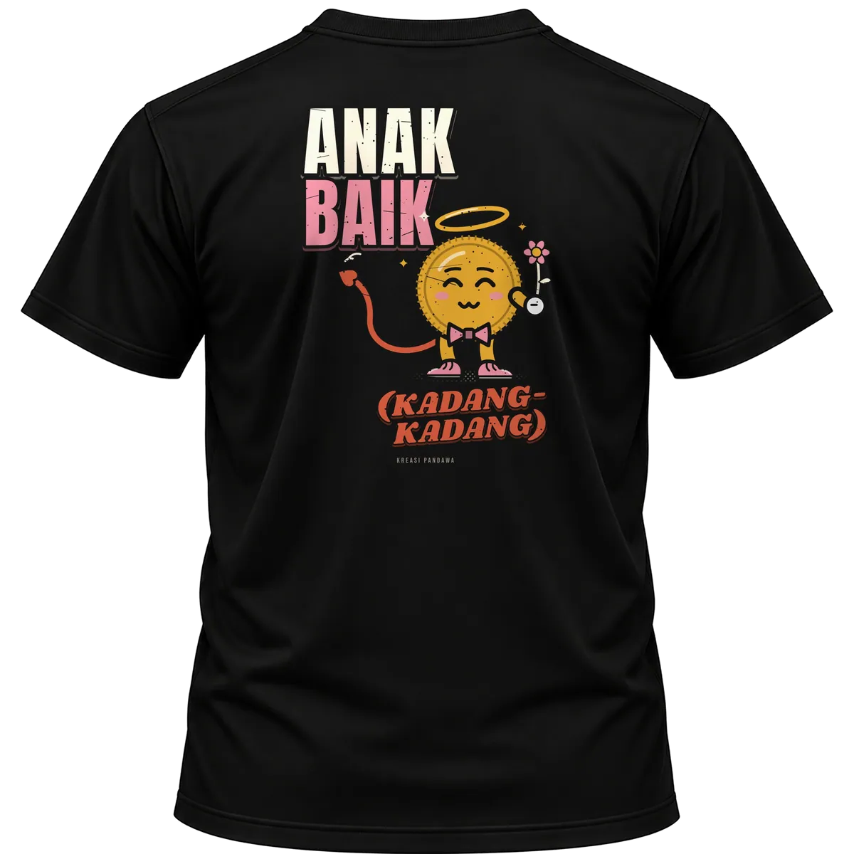 Mockup kaos hitam Kreasi Pandawa tampak belakang, sablon punggung: Anak baik (kadang-kadang)