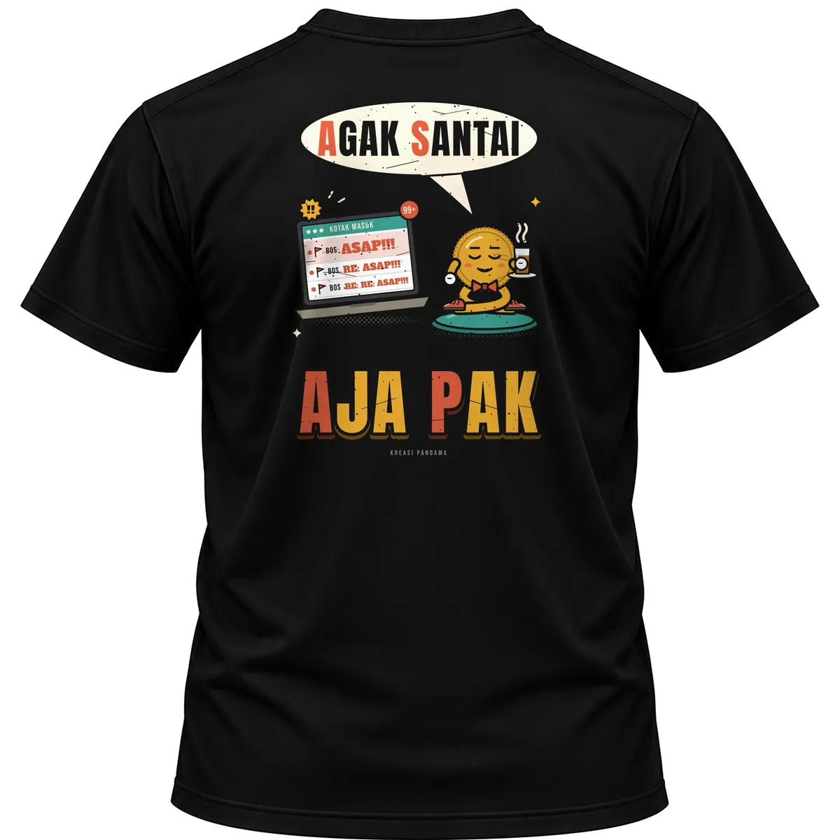Mockup kaos hitam Kreasi Pandawa tampak belakang, sablon punggung: ASAP: Agak Santai Aja Pak