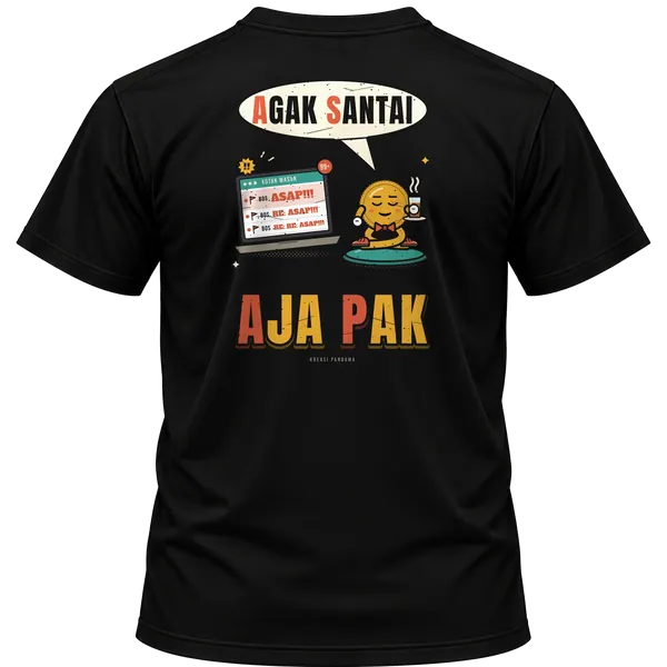 Mockup kaos hitam Kreasi Pandawa tampak belakang, sablon punggung: ASAP: Agak Santai Aja Pak