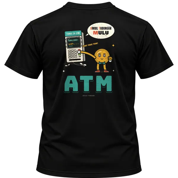 Mockup kaos hitam Kreasi Pandawa tampak belakang, sablon punggung: ATM: Ambil Tabungan Mulu