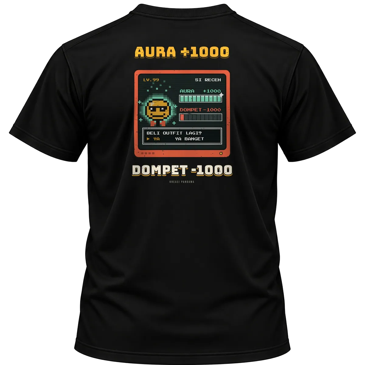 Mockup kaos hitam Kreasi Pandawa tampak belakang, sablon punggung: Aura +1000, dompet -1000