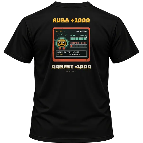 Mockup kaos hitam Kreasi Pandawa tampak belakang, sablon punggung: Aura +1000, dompet -1000
