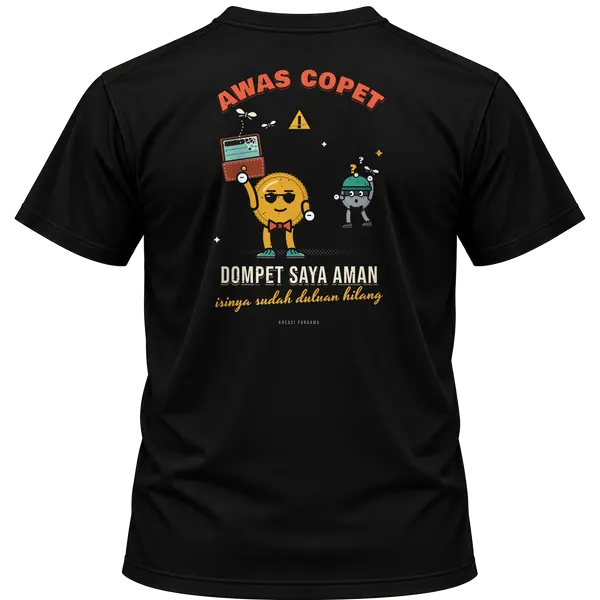 Mockup kaos hitam Kreasi Pandawa tampak belakang, sablon punggung: Awas copet, dompet saya aman isinya sudah duluan hilang