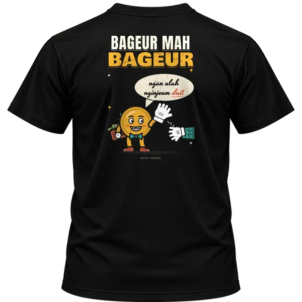 Mockup kaos hitam Kreasi Pandawa tampak belakang, sablon punggung: Bageur mah bageur, ngan ulah nginjeum duit