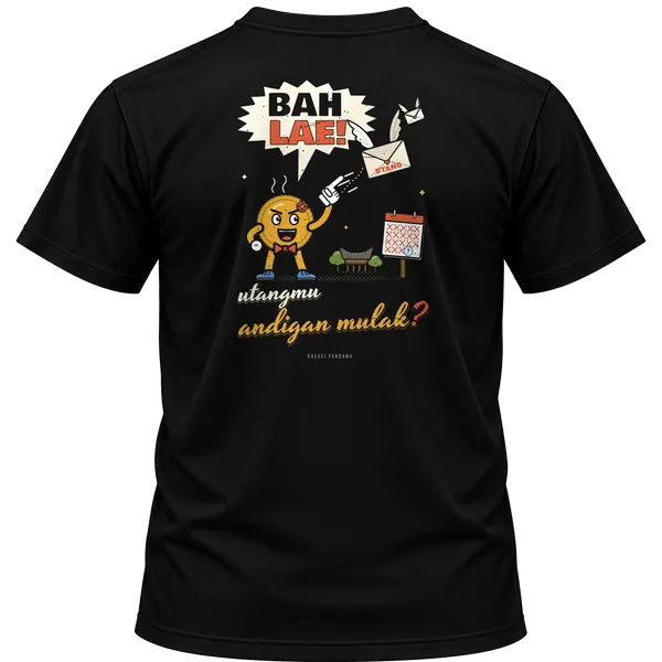 Mockup kaos hitam Kreasi Pandawa tampak belakang, sablon punggung: Bah lae! Utangmu andigan mulak?