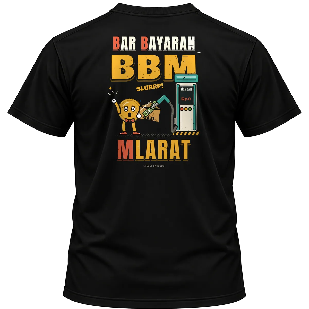 Mockup kaos hitam Kreasi Pandawa tampak belakang, sablon punggung: BBM: Bar Bayaran Mlarat