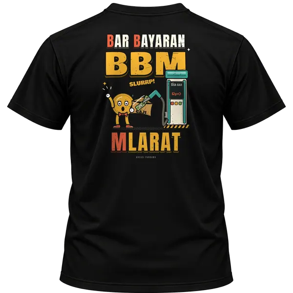 Mockup kaos hitam Kreasi Pandawa tampak belakang, sablon punggung: BBM: Bar Bayaran Mlarat