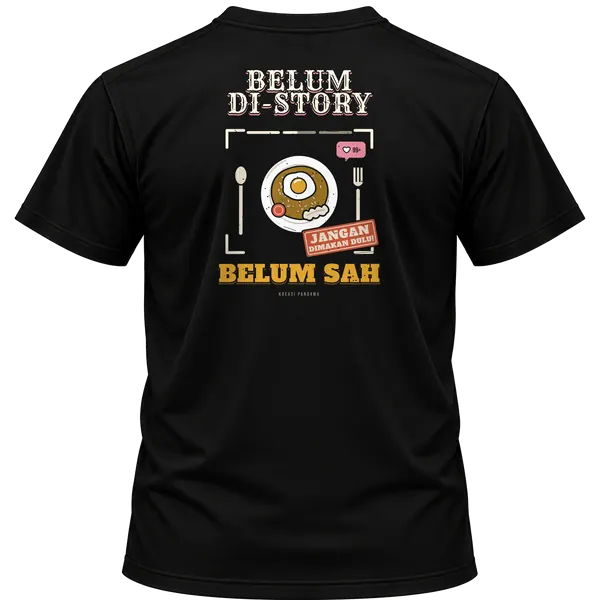 Mockup kaos hitam Kreasi Pandawa tampak belakang, sablon punggung: Belum di-story, belum sah