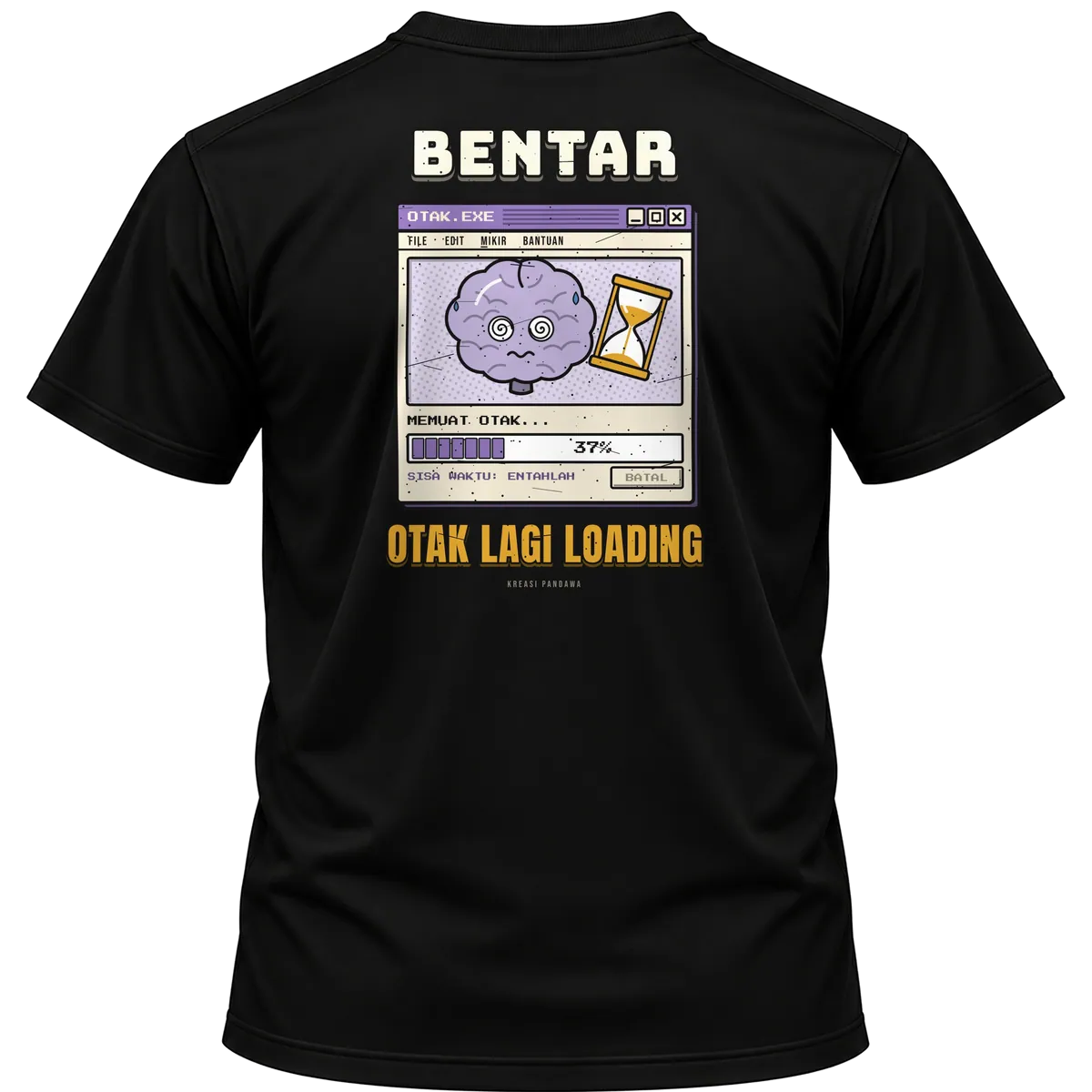 Mockup kaos hitam Kreasi Pandawa tampak belakang, sablon punggung: Bentar, otak lagi loading