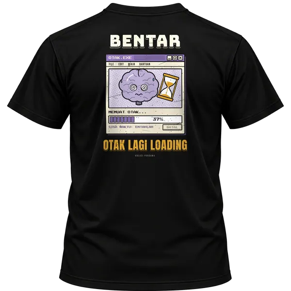 Mockup kaos hitam Kreasi Pandawa tampak belakang, sablon punggung: Bentar, otak lagi loading