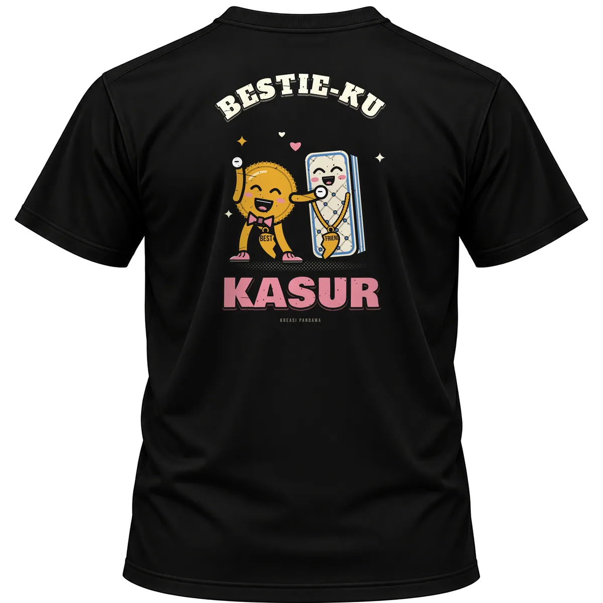 Mockup kaos hitam Kreasi Pandawa tampak belakang, sablon punggung: Bestie-ku kasur