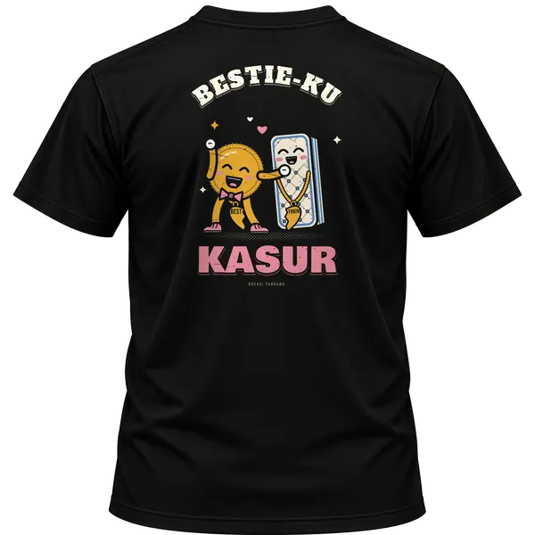 Mockup kaos hitam Kreasi Pandawa tampak belakang, sablon punggung: Bestie-ku kasur