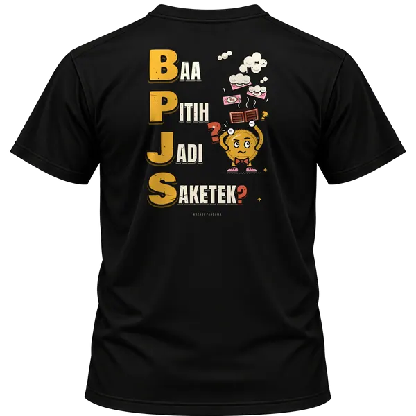 Mockup kaos hitam Kreasi Pandawa tampak belakang, sablon punggung: BPJS: Baa Pitih Jadi Saketek?