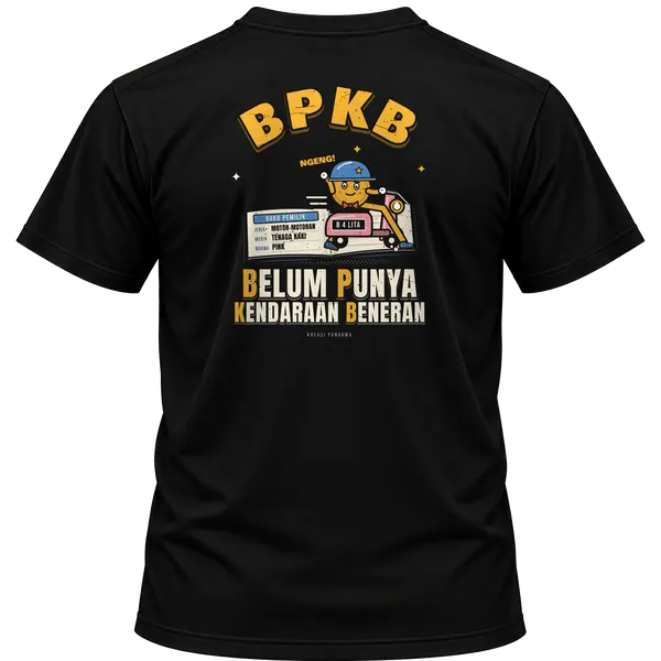 Mockup kaos hitam Kreasi Pandawa tampak belakang, sablon punggung: BPKB: Belum Punya Kendaraan Beneran