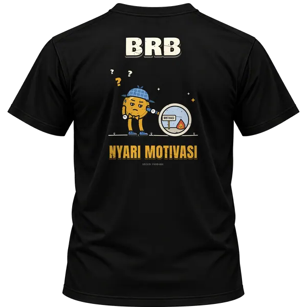 Mockup kaos hitam Kreasi Pandawa tampak belakang, sablon punggung: BRB, nyari motivasi