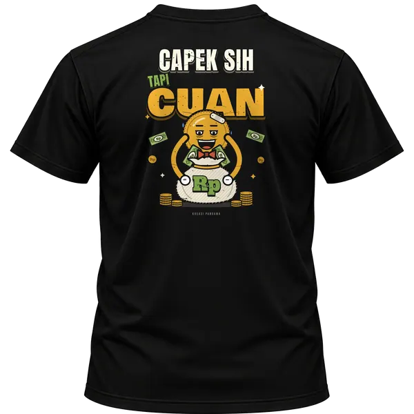 Mockup kaos hitam Kreasi Pandawa tampak belakang, sablon punggung: Capek sih, tapi cuan