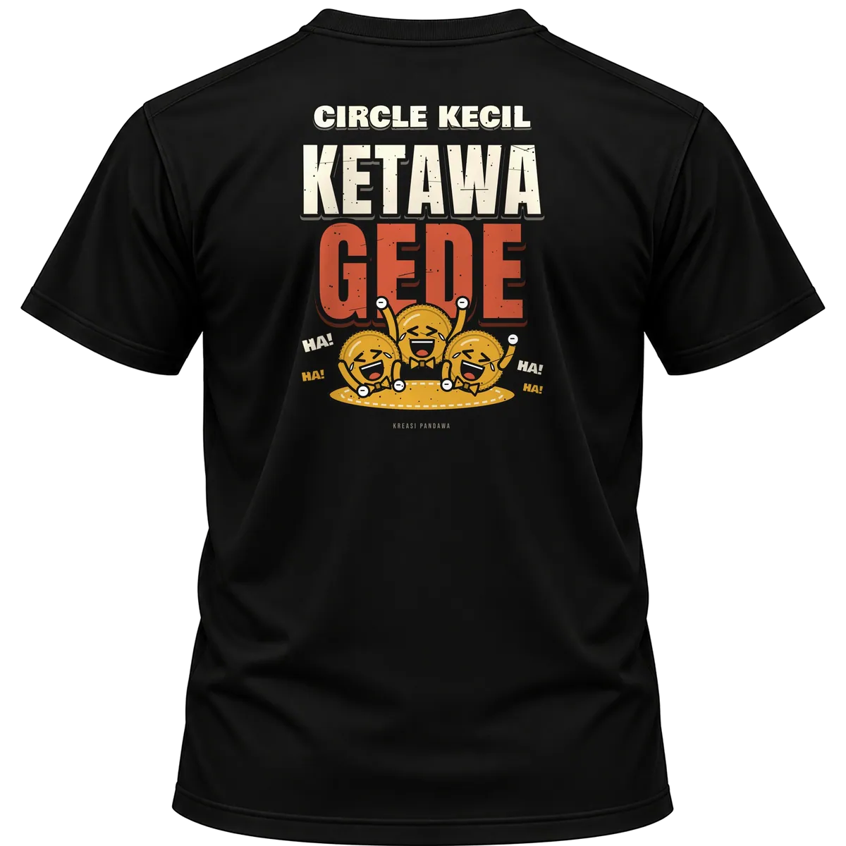 Mockup kaos hitam Kreasi Pandawa tampak belakang, sablon punggung: Circle kecil, ketawa gede