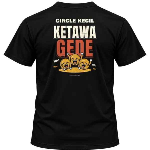 Mockup kaos hitam Kreasi Pandawa tampak belakang, sablon punggung: Circle kecil, ketawa gede