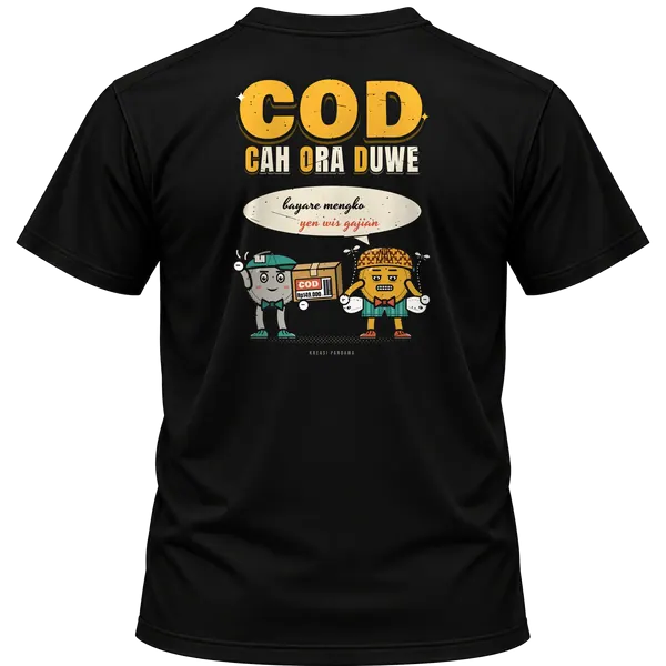 Mockup kaos hitam Kreasi Pandawa tampak belakang, sablon punggung: COD: Cah Ora Duwe, bayare mengko yen wis gajian