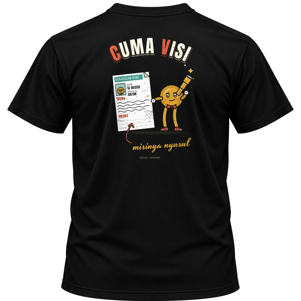 Mockup kaos hitam Kreasi Pandawa tampak belakang, sablon punggung: CV: Cuma Visi, misinya nyusul