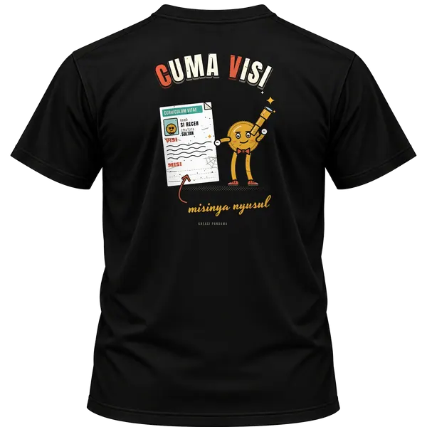 Mockup kaos hitam Kreasi Pandawa tampak belakang, sablon punggung: CV: Cuma Visi, misinya nyusul