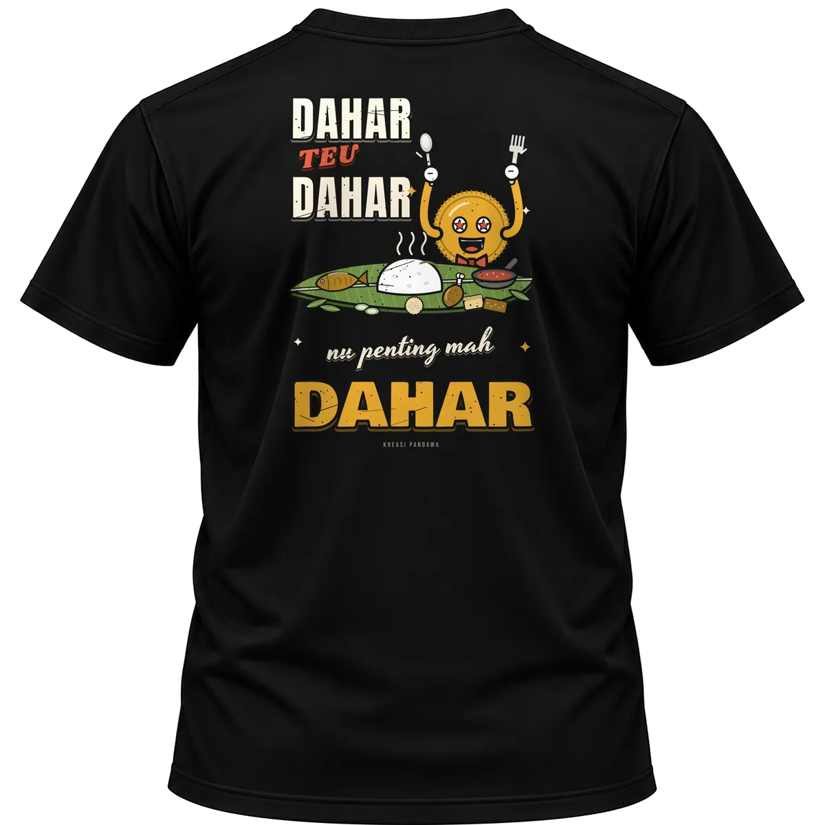 Mockup kaos hitam Kreasi Pandawa tampak belakang, sablon punggung: Dahar teu dahar, nu penting mah dahar