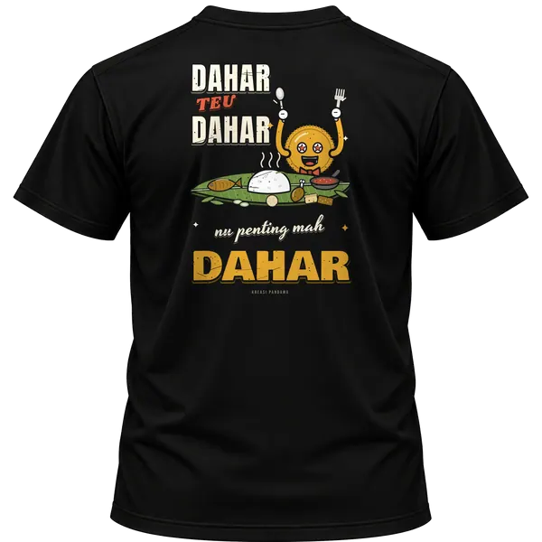 Mockup kaos hitam Kreasi Pandawa tampak belakang, sablon punggung: Dahar teu dahar, nu penting mah dahar