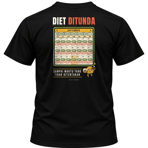 Mockup kaos hitam Kreasi Pandawa tampak belakang, sablon punggung: Diet ditunda sampai waktu yang tidak ditentukan