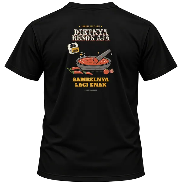 Mockup kaos hitam Kreasi Pandawa tampak belakang, sablon punggung: Dietnya besok aja, sambelnya lagi enak