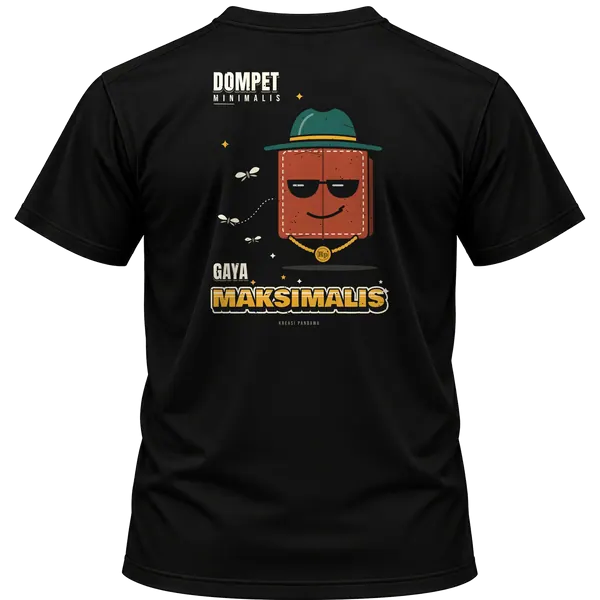 Mockup kaos hitam Kreasi Pandawa tampak belakang, sablon punggung: Dompet minimalis, gaya maksimalis