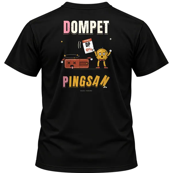 Mockup kaos hitam Kreasi Pandawa tampak belakang, sablon punggung: DP: Dompet Pingsan