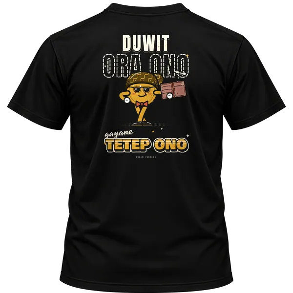 Mockup kaos hitam Kreasi Pandawa tampak belakang, sablon punggung: Duwit ora ono, gayane tetep ono