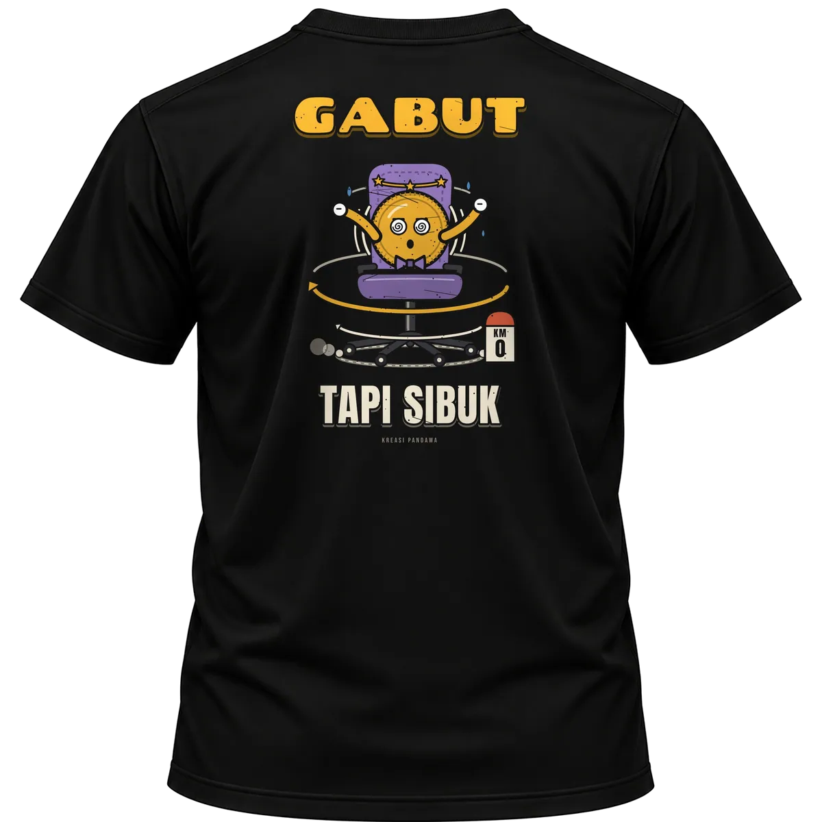 Mockup kaos hitam Kreasi Pandawa tampak belakang, sablon punggung: Gabut tapi sibuk