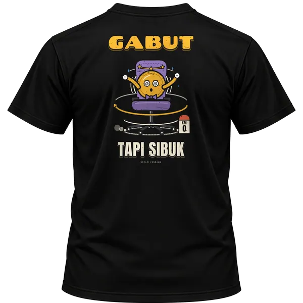 Mockup kaos hitam Kreasi Pandawa tampak belakang, sablon punggung: Gabut tapi sibuk
