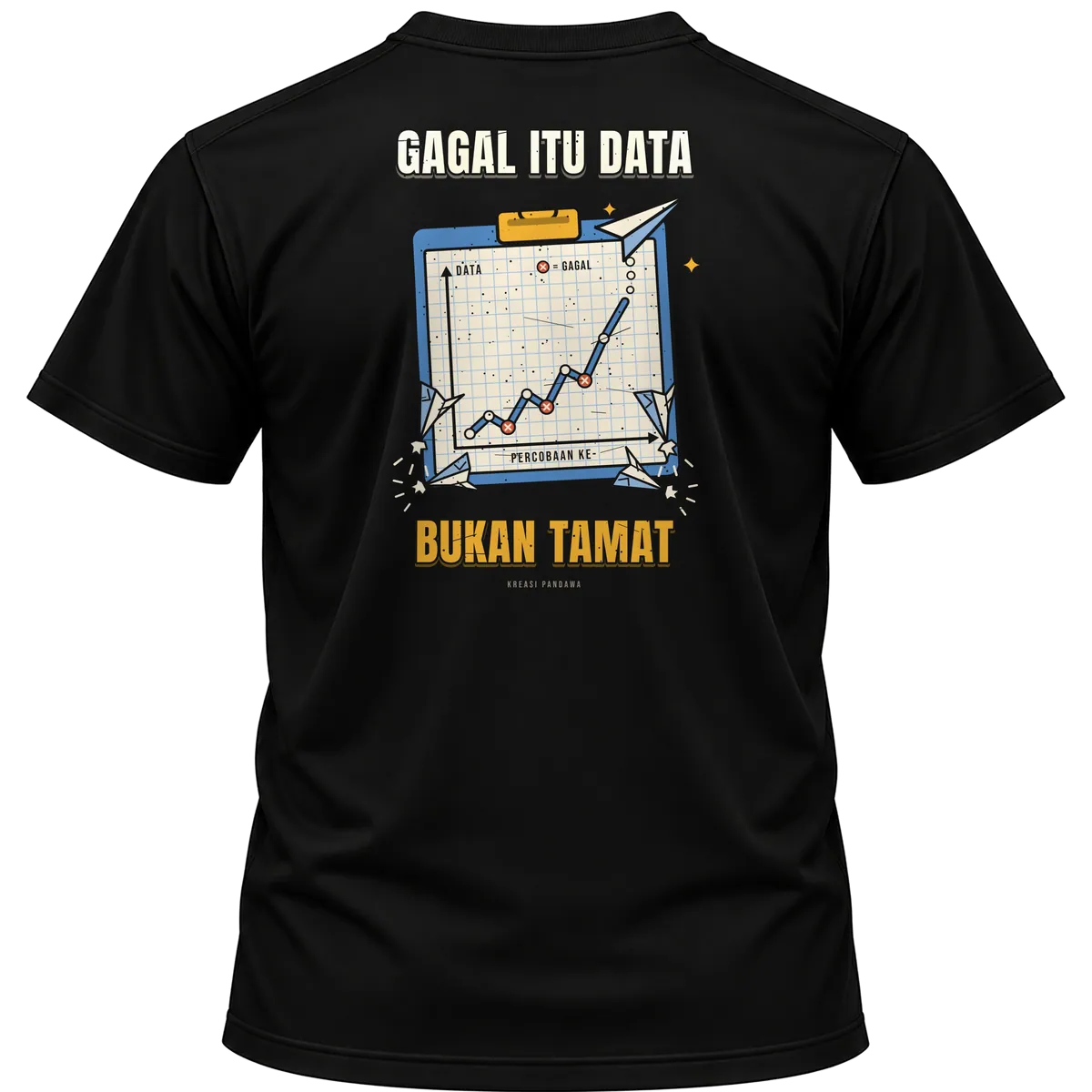 Mockup kaos hitam Kreasi Pandawa tampak belakang, sablon punggung: Gagal itu data, bukan tamat