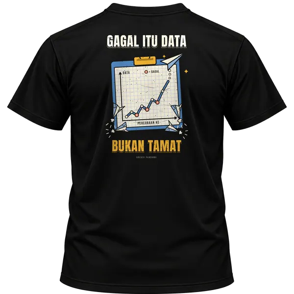 Mockup kaos hitam Kreasi Pandawa tampak belakang, sablon punggung: Gagal itu data, bukan tamat