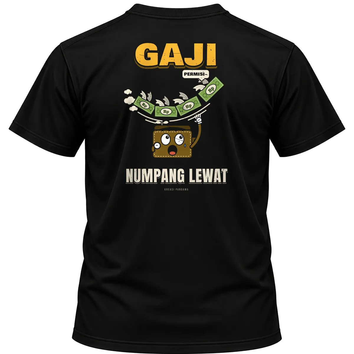 Mockup kaos hitam Kreasi Pandawa tampak belakang, sablon punggung: Gaji numpang lewat