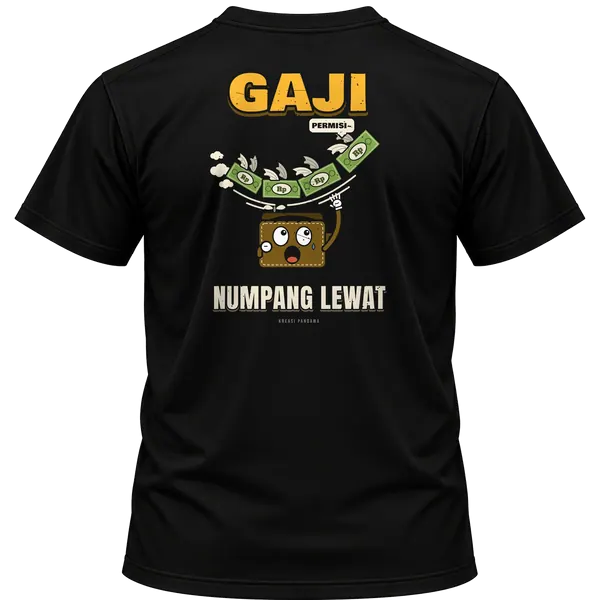 Mockup kaos hitam Kreasi Pandawa tampak belakang, sablon punggung: Gaji numpang lewat