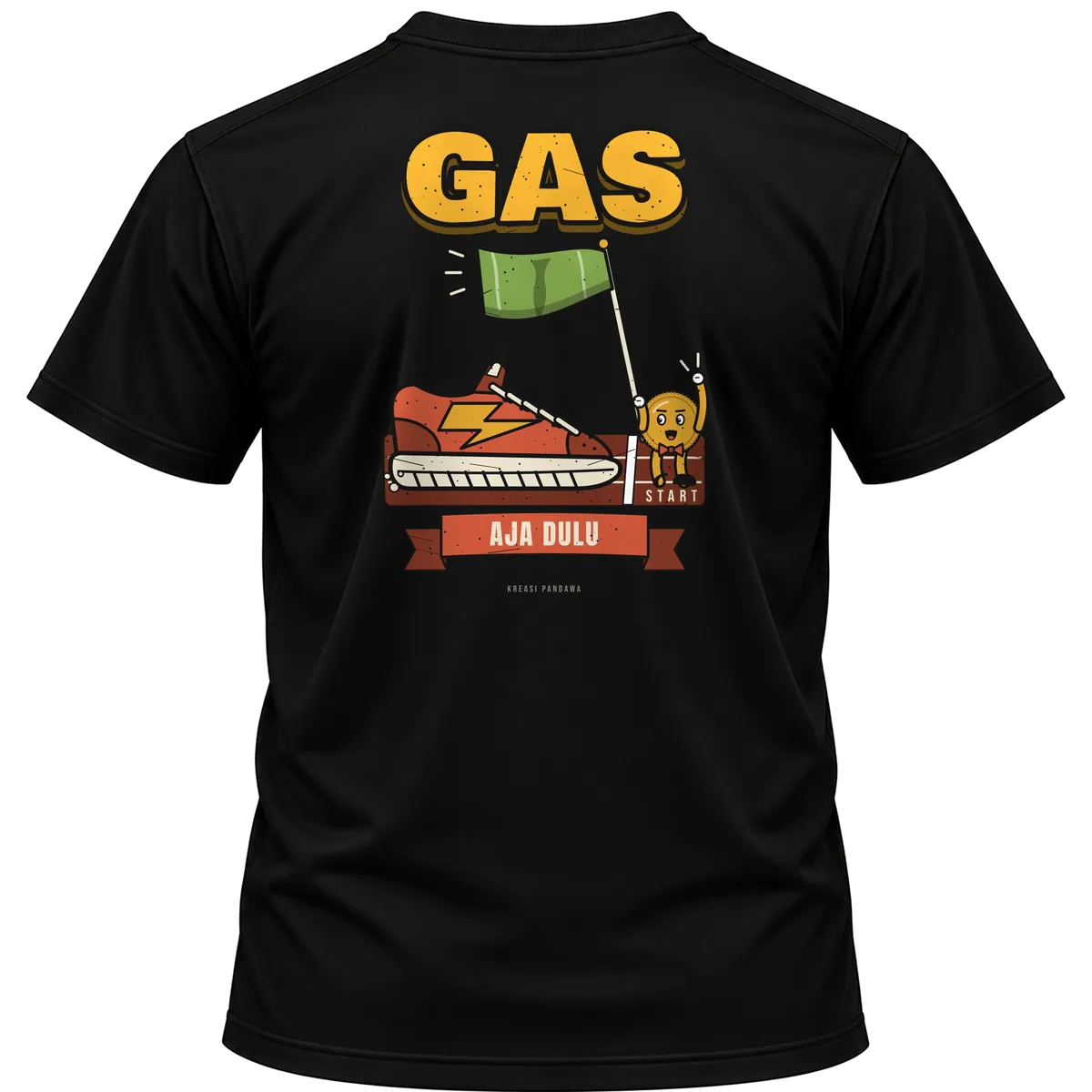 Mockup kaos hitam Kreasi Pandawa tampak belakang, sablon punggung: Gas aja dulu