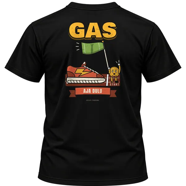 Mockup kaos hitam Kreasi Pandawa tampak belakang, sablon punggung: Gas aja dulu