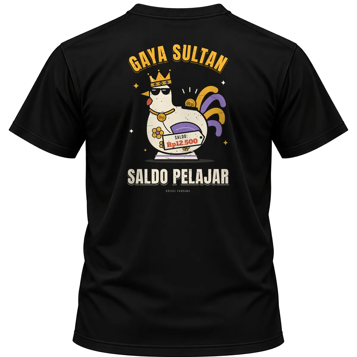 Mockup kaos hitam Kreasi Pandawa tampak belakang, sablon punggung: Gaya sultan, saldo pelajar
