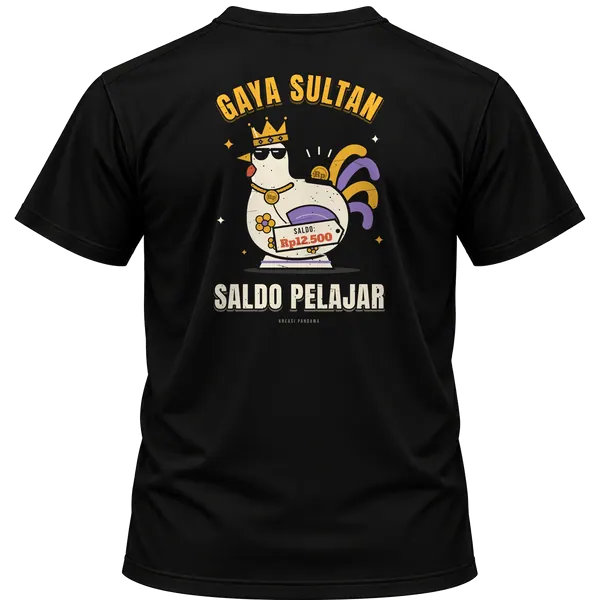 Mockup kaos hitam Kreasi Pandawa tampak belakang, sablon punggung: Gaya sultan, saldo pelajar