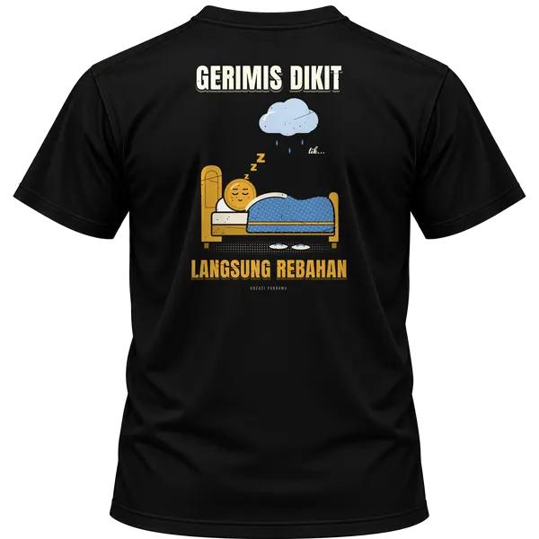 Mockup kaos hitam Kreasi Pandawa tampak belakang, sablon punggung: Gerimis dikit, langsung rebahan