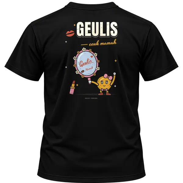 Mockup kaos hitam Kreasi Pandawa tampak belakang, sablon punggung: Geulis, ceuk mamah